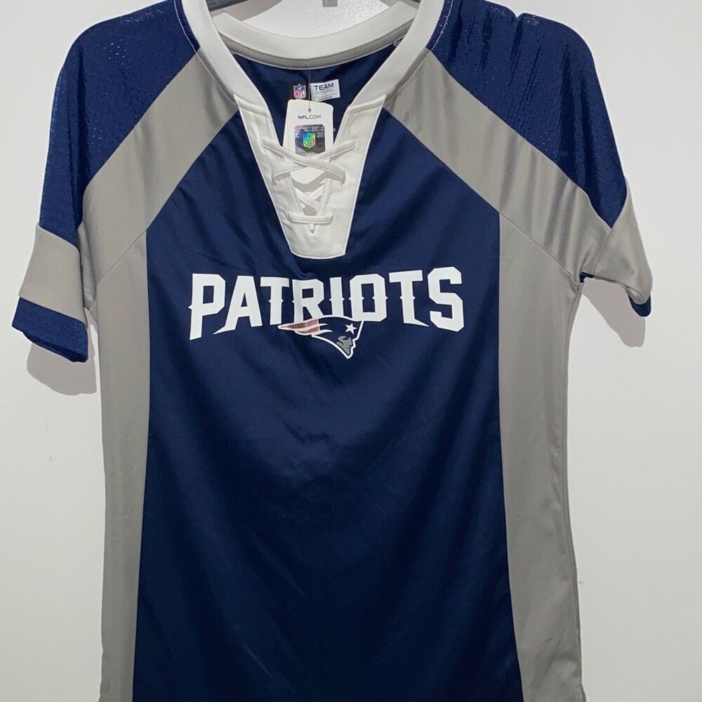 NFL Team Apparel Womens Navy Gray Lace-up Patriots Short Sleeve Jersey Small NWT